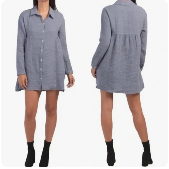 Zara Cotton Button Down Tunic Dress | Relaxed Fit Weekend Style | Blue | XS/S - Picture 2 of 13